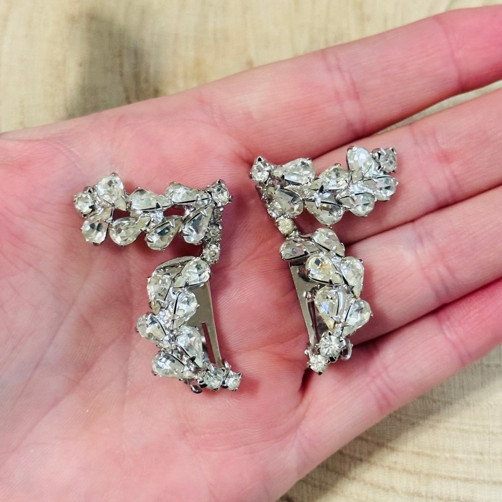 VTG‎ Jeweled Crystal rhinestone Earrings build up leaf clip silver Bridal 50s